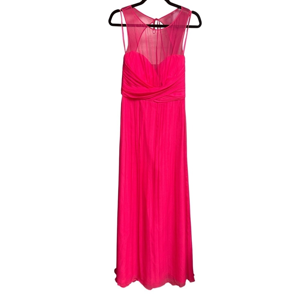 Amsale Hot Pink 100% Silk Illusion Neckline Chiffon Maxi Gown Dress Size 8 G849C